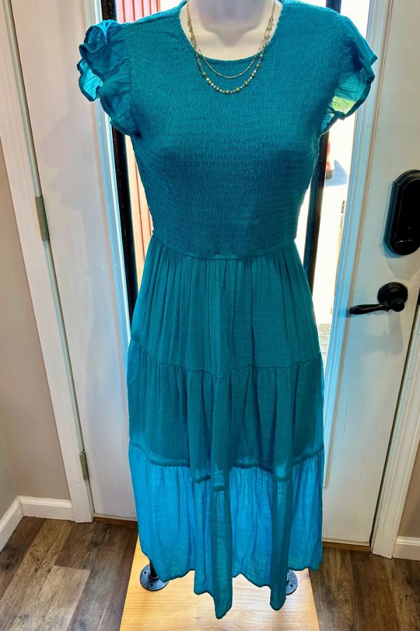 AQUA SMOCKED TIERED MIDI DRESS for college graduation