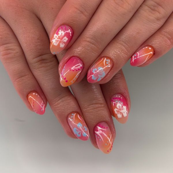 Halloween short Tropical Ombré Hibiscus Nails