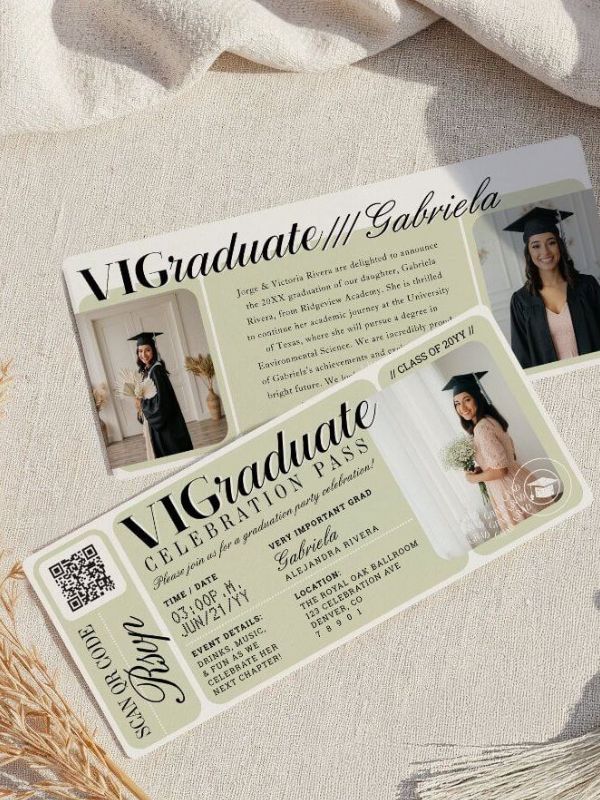 MODERN PHOTO GRADUATION PARTY EVENT TICKET QR CODE MINT GREEN INVITATION