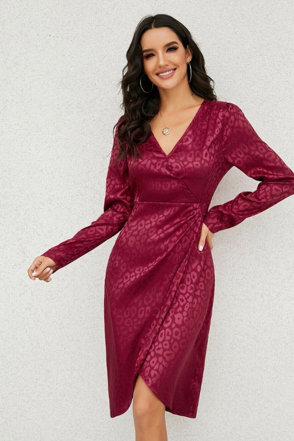 Rose Red V Neck Wrap Satin Dress