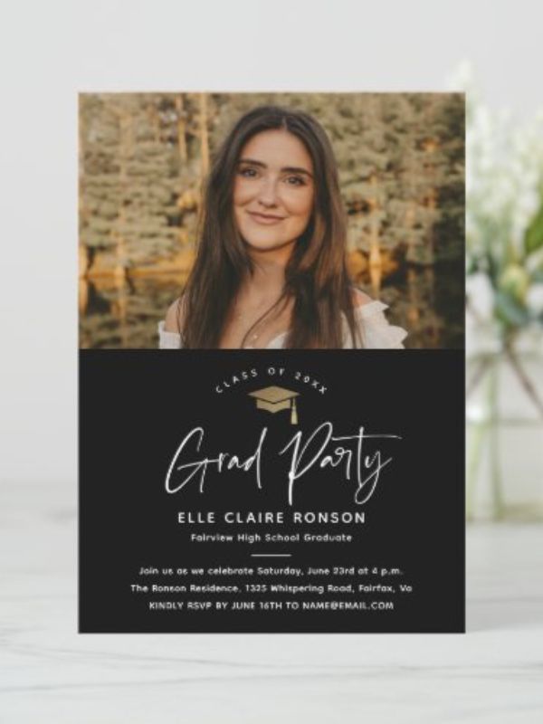 Simple Script Black & White Photo Graduation Party Invitation