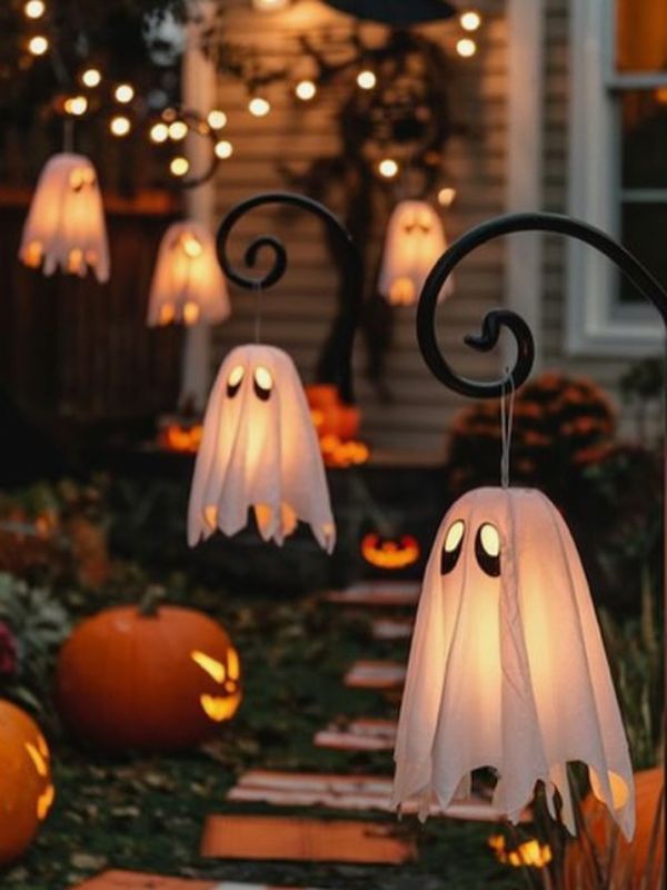light-up Hanging ghost and pumpkin decoration