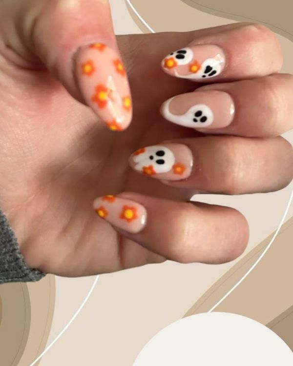 short Halloween Floral Ghosts Nails