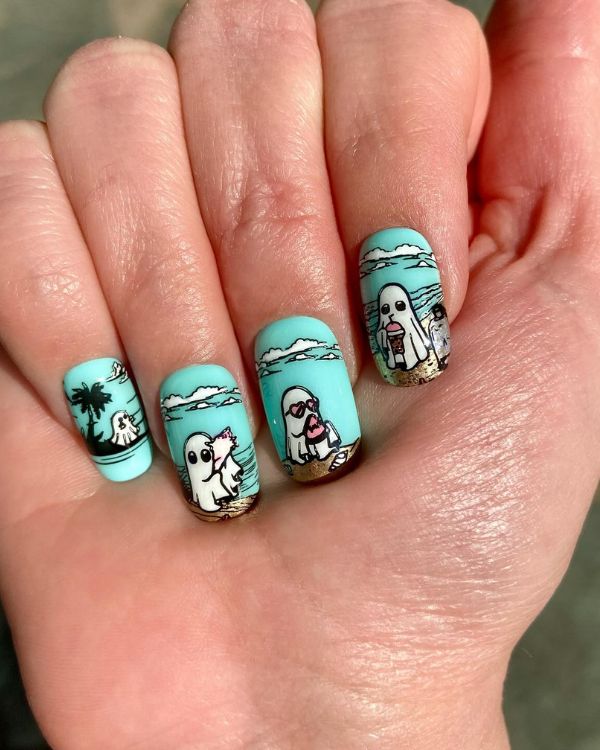 short Halloween ghosts on vacation nails
